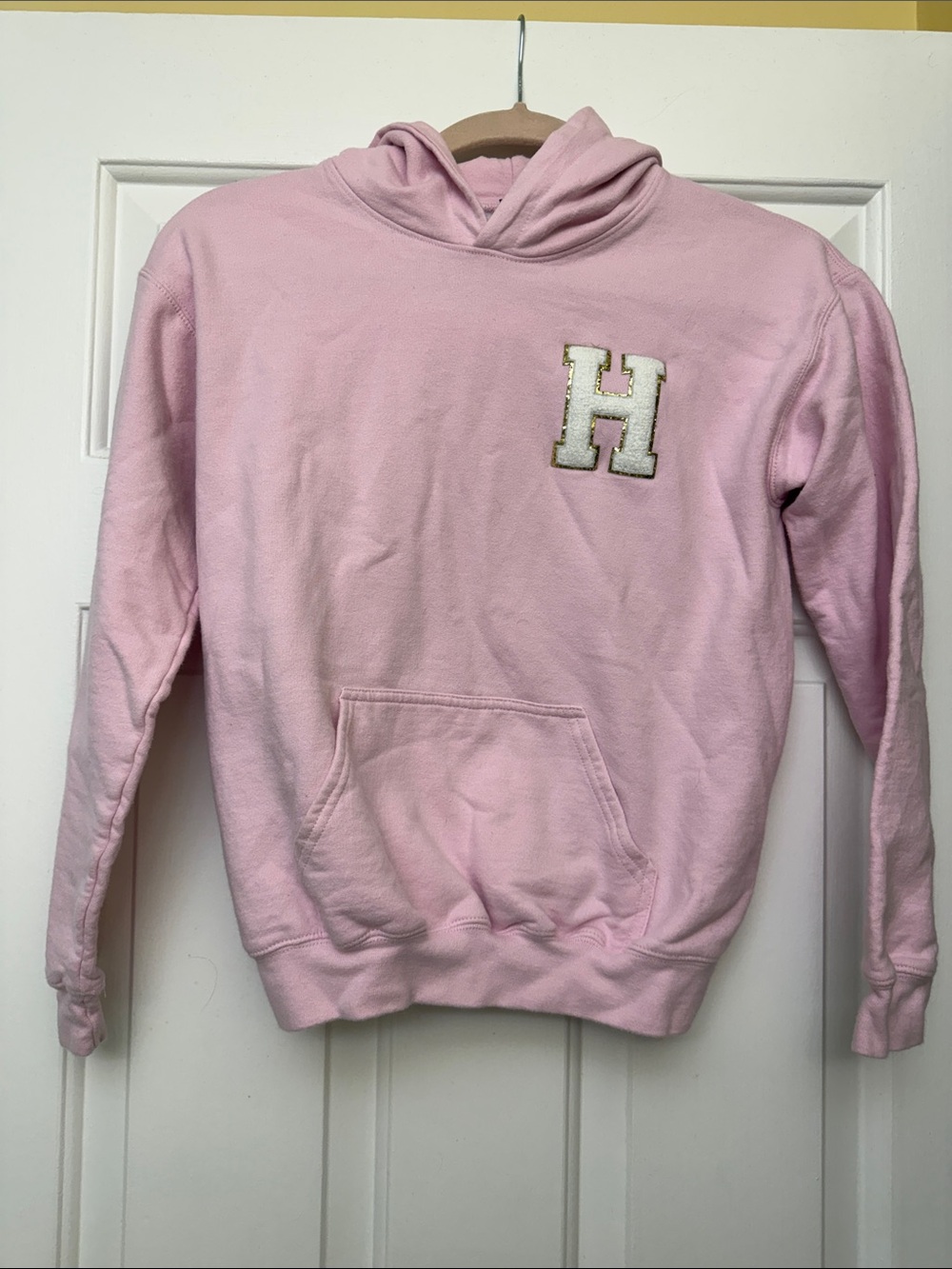 Pink Youth Hoodie with Gold-Trim 'H' Patch from Etsy